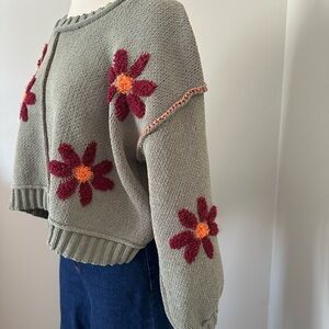 POL Floral Knit Sweater - Green with Red Flowers